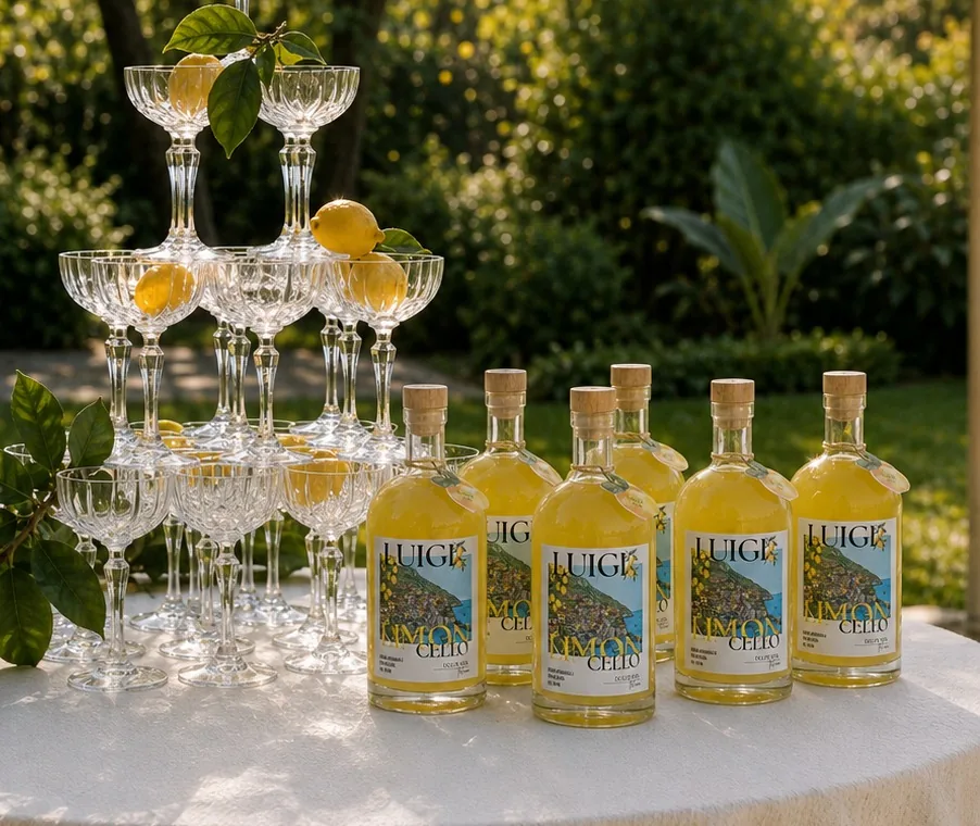 Garrafas de Luigi Limoncello 750ml ao lado de uma torre de taças de cristal, em mesa posta no jardim