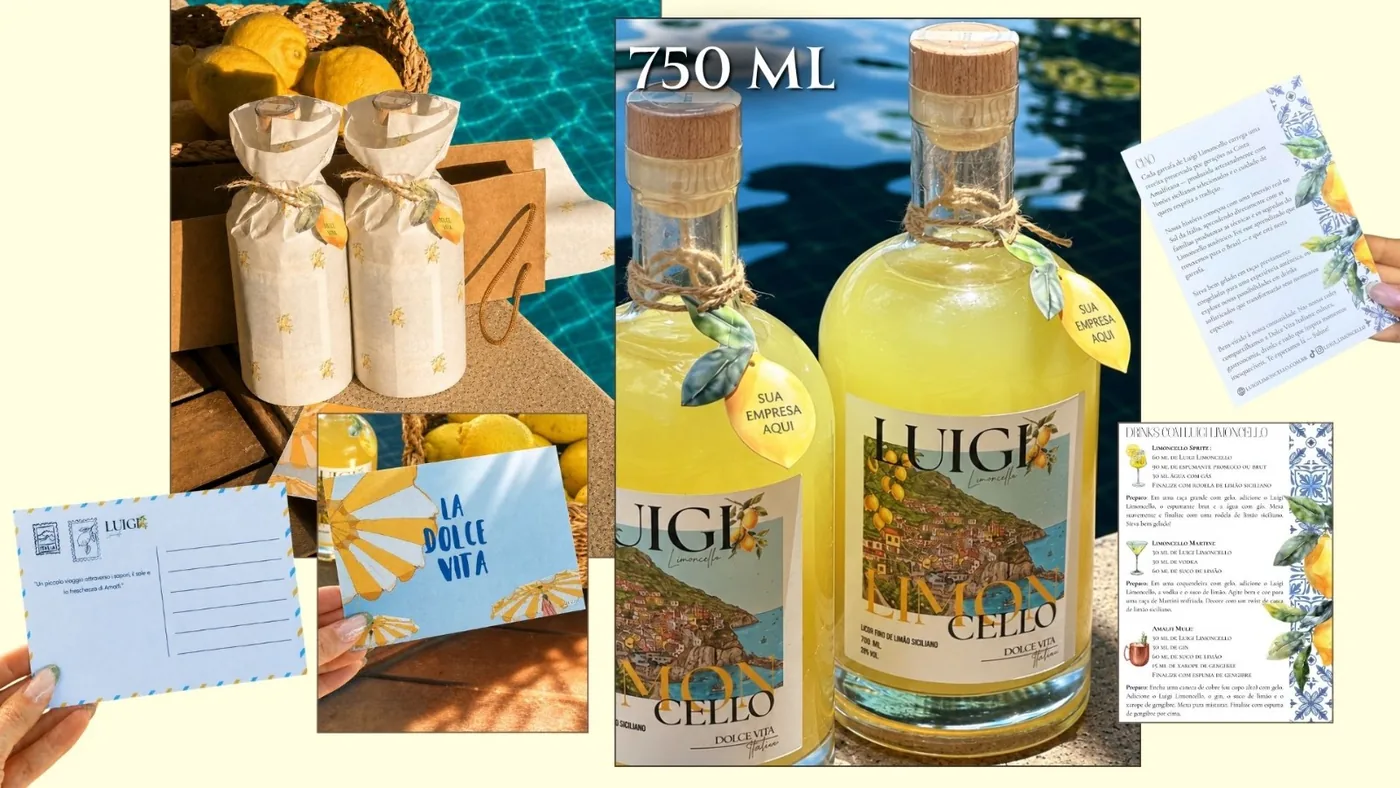 Kit Classico: garrafa de 750ml com tag personalizada "sua empresa aqui", sacola, papel de seda estampado de limões e cartilha de drinks